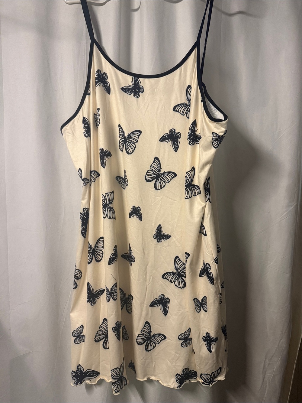 Butterfly Print Cream Slip Dress with Black Trim